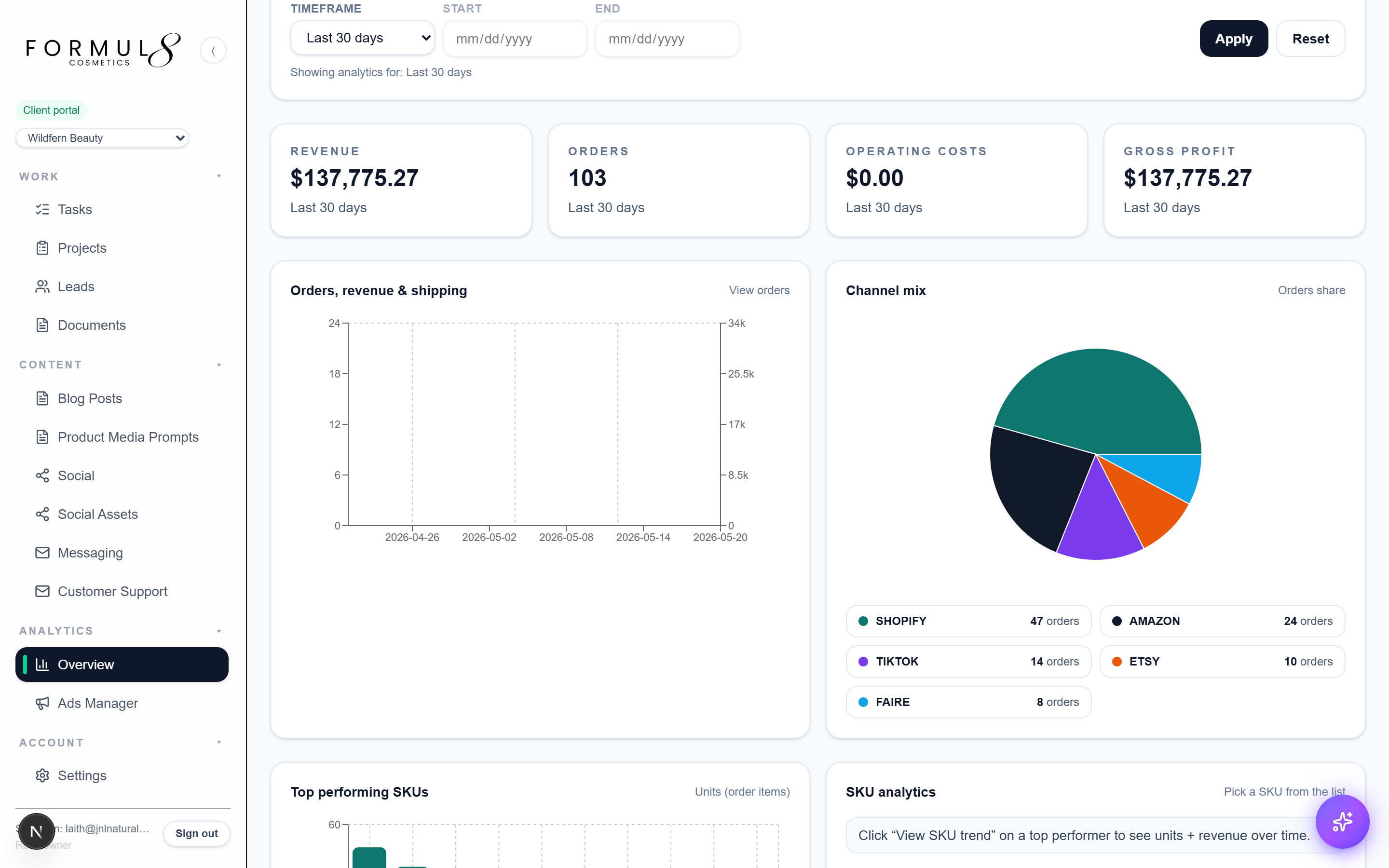 Revenue, orders, channel mix — daily, monthly, custom.