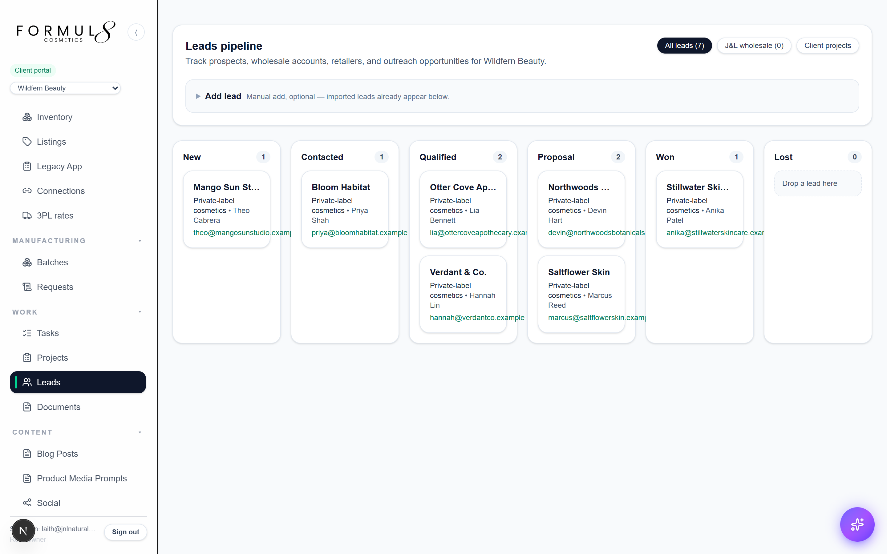 Wholesale + outreach lead pipeline kanban