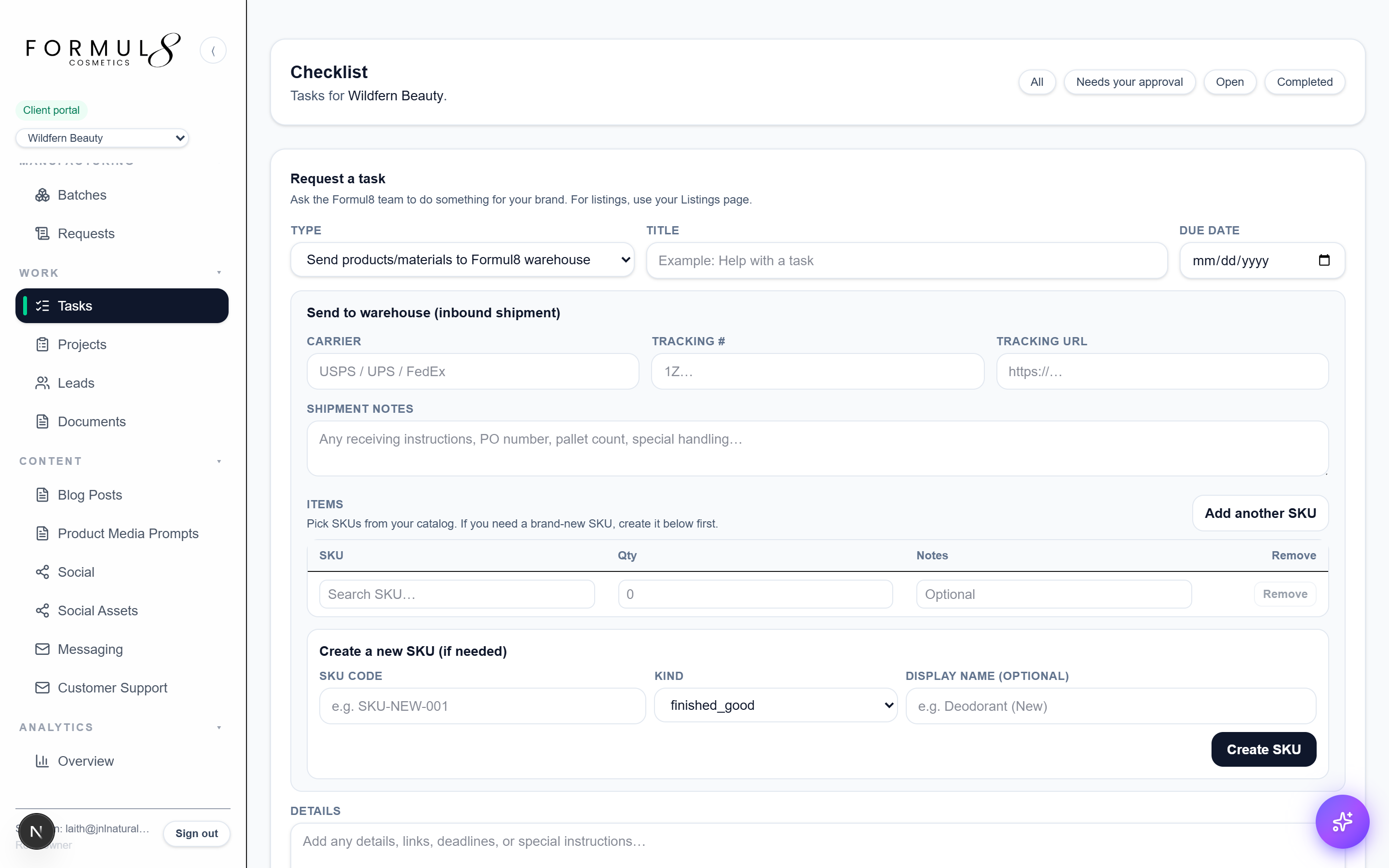 Task list and intake form between brand and Formul8 team